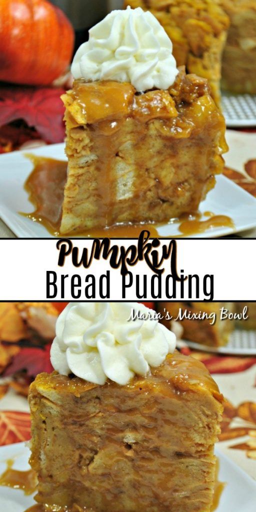 pumpkin bread pudding with whipped cream and caramel drizzle on top is shown