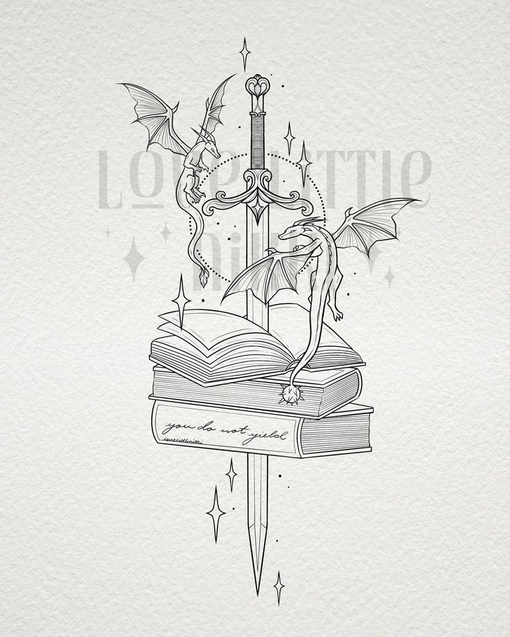 “You do not yield” 🗡️📚 this pretty Throne of Glass x Fourth Wing piece is for the lovely Jen ���🖤 love getting to draw a fancy sword! #fourthwing #throneofglass #tattooart Tattoo Of Books Ideas, Books And Swords Tattoo, Throne Of Glass Sketches, The Fourth Wing Tattoo, Throne Of Glass Tattoos For Women, Wind Cleaver Manon, Throne Of Glass Fan Art Swords, Fourth Wing Inspired Tattoo, Throne Of Glass Tattoo Ideas Aelin