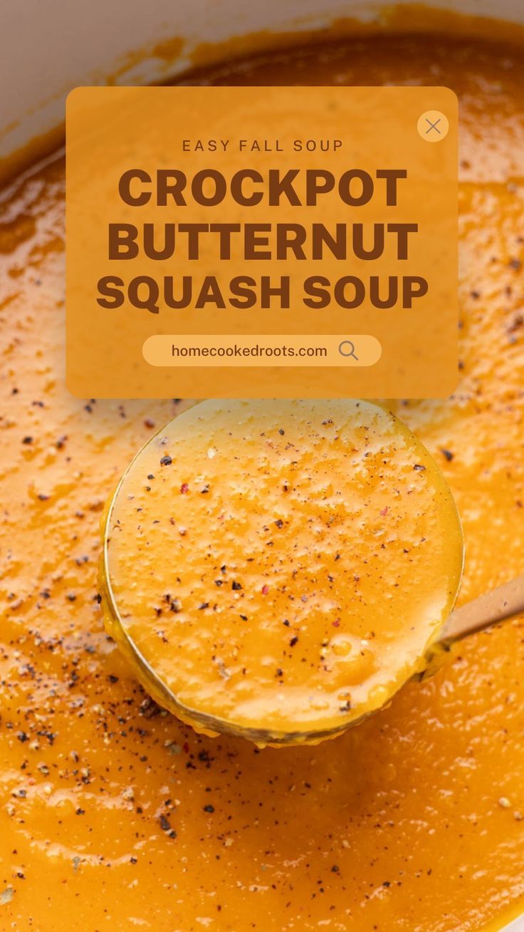 a spoon full of crockpot butternut squash soup with the title overlay