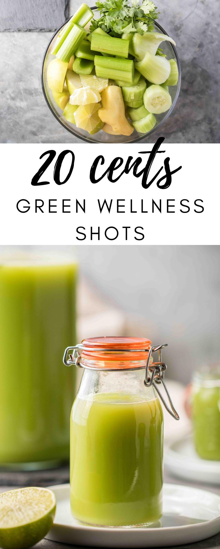 green smoothie with celery and lemons in the background text overlay reads 20 celery shots