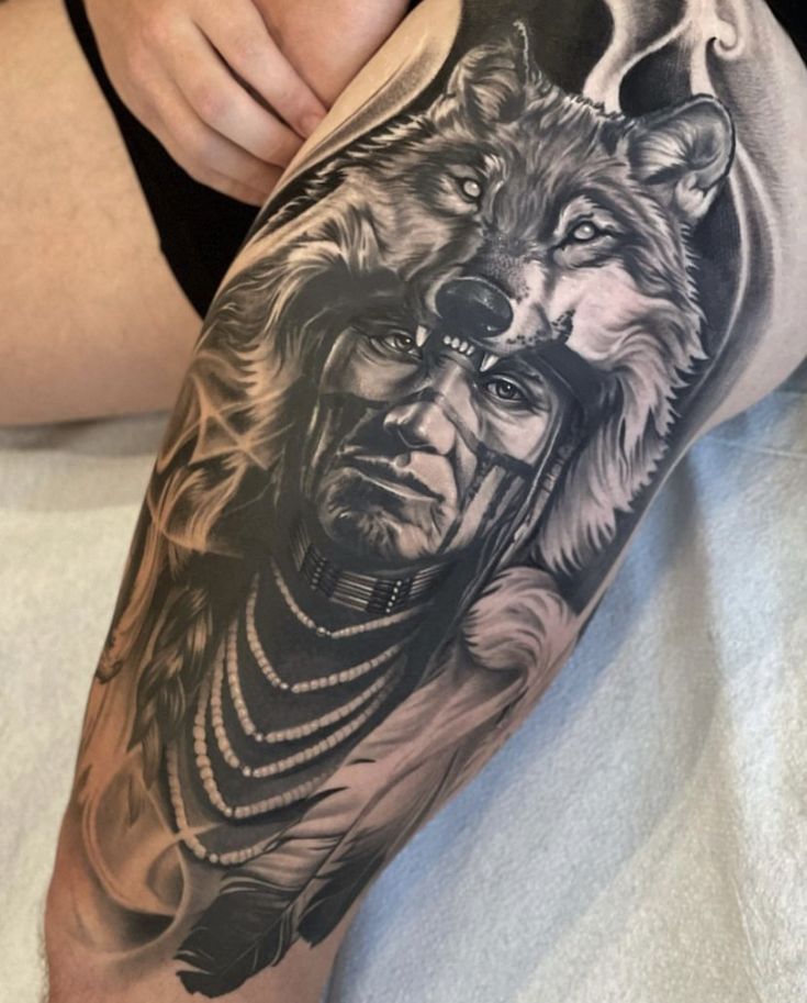 a man with a wolf tattoo on his leg