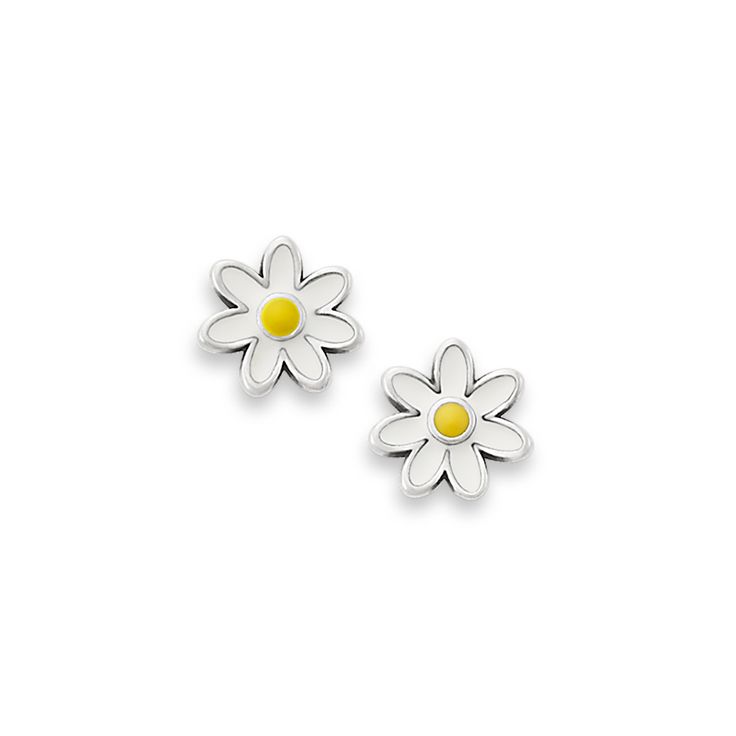 Our popular Enamel Flowers are now blooming on these Mini Earrings. The happy color and whimsical shape exude joy and are sure to bring a smile to all. Available in your multiple colorways so you can match back to our Mini Enamel Flower Charm and Dangle R Daisy-shaped Earrings For Summer, Daisy Shaped Earrings For Summer, Daisy Flower Earrings For Spring, Spring Daisy Flower Earrings, Whimsical White Flower Earrings, Spring White Sterling Silver Earrings, Fun White Flower-shaped Jewelry, Casual Flower Earrings For Spring, Casual Spring Flower Earrings