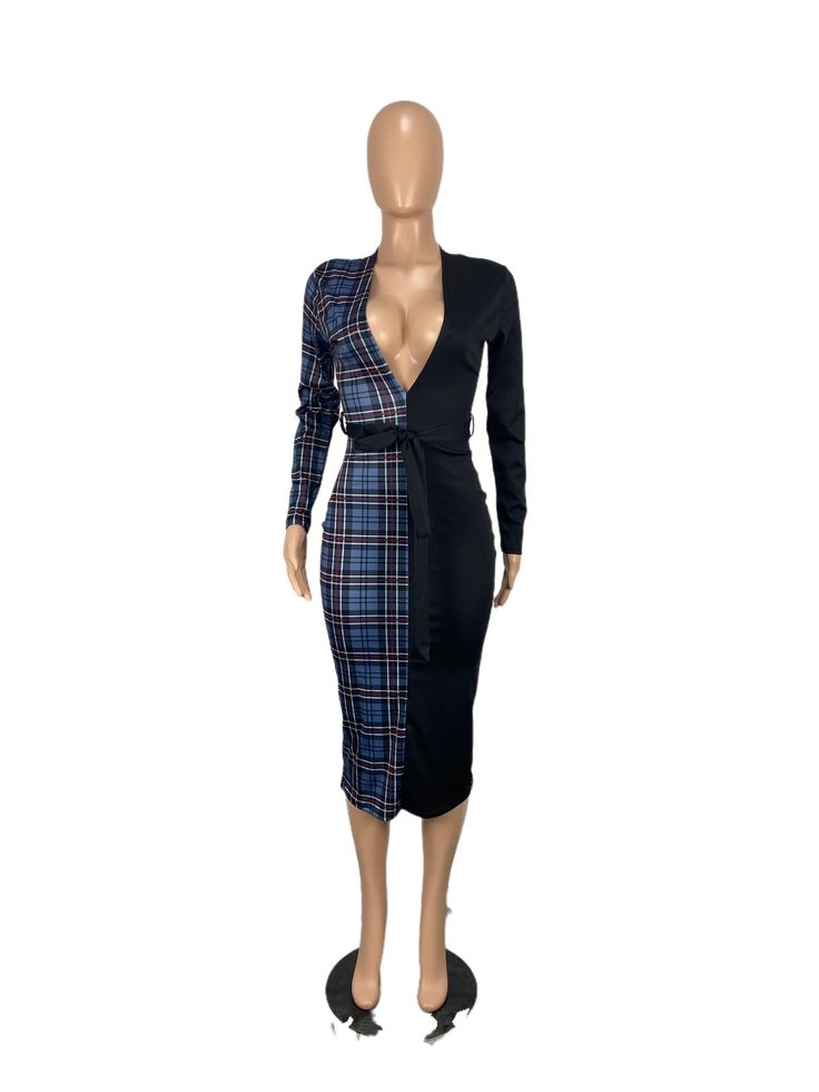 Sexy Plaid Print Deep V Neck Long Sleeve Slim One-piece Dress Fitted V-neck Midi Dress For Going Out, Open Front Dress For Night Out In Fall, Black Fitted Dress With Open Front, Fitted Open Front Dress For Date Night, Fitted Open Front Dress For Night Out, Fitted Dress With Open Front For Night Out, Fitted V-neck Midi Dress For Club, Fitted Plaid V-neck Dress, Elegant Plaid V-neck Dress