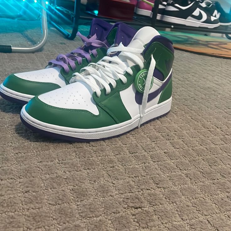 Brand New, Men’s 11.5 Hulk Jordan 1 Mid Jordan Green, Jordan Mid, Jordans For Men, Jordan 1 Mid, Jordan Shoes, Mens Shoes Sneakers, Hulk, Green And Purple, Jordan 1