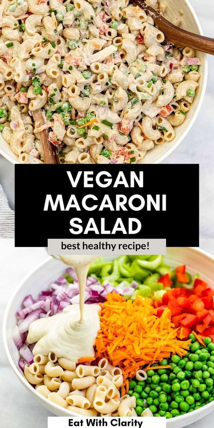 vegan macaroni salad in a bowl with the title