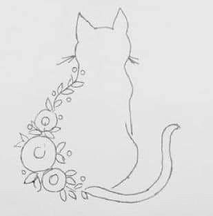 a drawing of a cat with flowers on it's tail and the letter e