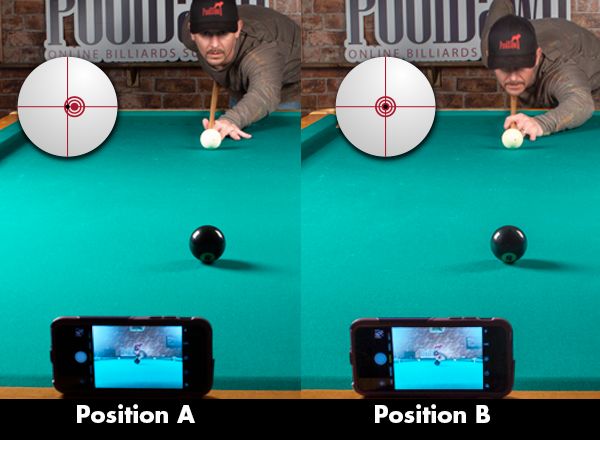 two shots of a man playing pool on a cell phone, and the same shot has been taken