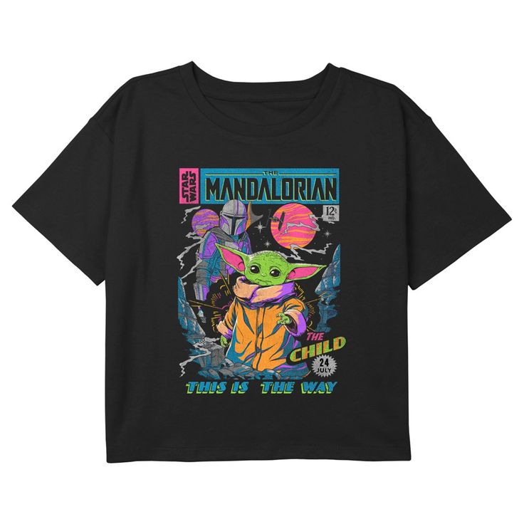 When your Mandalorian armor is at the cleaners, try this officially licensed Star Wars: The Mandalorian Girls' Neon Retro Comic Graphic Cropped T-Shirt instead! Take up the reins as a Mandalorian gunfighter exploring the galaxy. This awesome Star Wars tee features a neon comic cover design with Grogu, Din Djarin, and the text: "This Is the Way," across the front. Celebrate the Star Wars-inspired television series, The Mandalorian, with this fun new apparel! Pop Culture T-shirt With Letter Print For Cosplay, Black Pop Culture T-shirt For Comic-con, Retro Black T-shirt For Fan Conventions, Pop Culture T-shirt With Character Print For Comic-con, Black Graphic T-shirt For Comic-con, Black T-shirt With Graphic Print For Comic-con, Black Graphic Print T-shirt For Comic-con, Character Print T-shirt For Comic-con, Comic-con Character Print Graphic Tee