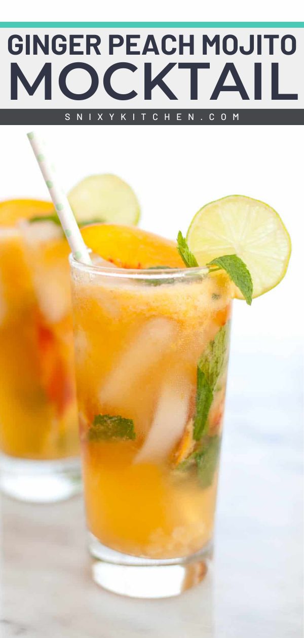 two glasses filled with ginger peach mojito cocktail on top of a white counter