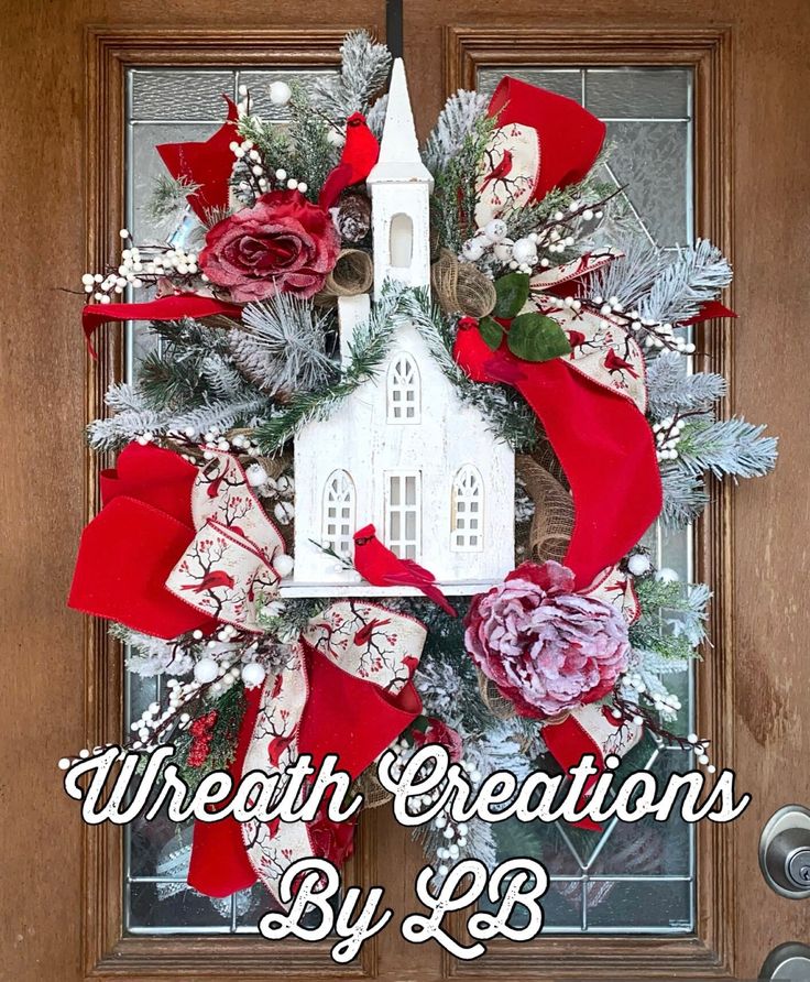 a wreath with red and white ribbons on it that says, the church creations by 28