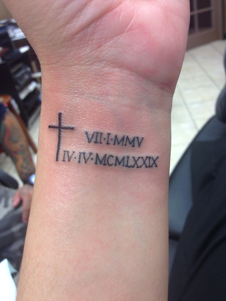 a cross tattoo on the wrist with roman numerals written in black ink,