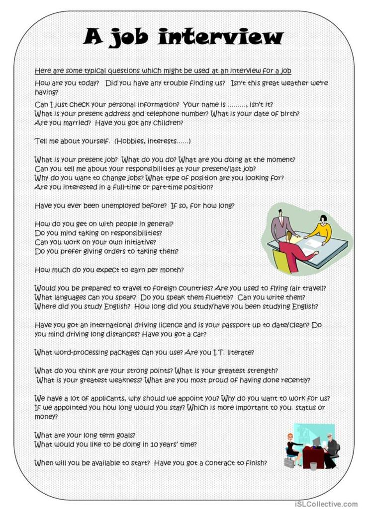 a job interview sheet with an image of a person sitting at a desk and talking on the phone