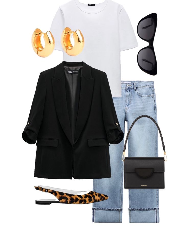 Blazer And Jeans Outfit Women Work, Blazer With Boyfriend Jeans, Black Casual Formal Outfit, Minimalist Clothing Style Women, Black Jeans Work Outfit Office Style, Melbourne Summer Outfit, Leopard Print Shoes Outfit Work, Ladies Lunch Outfit, Light Beige Blazer Outfit