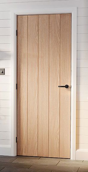 an open wooden door in a white room