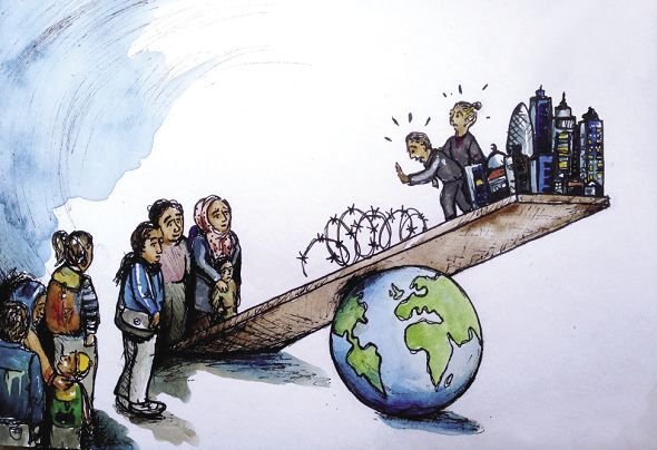 a drawing of people standing on top of a balance beam with the earth in front of them