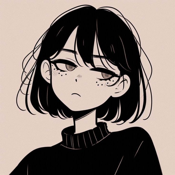 a drawing of a girl with black hair and bangs, wearing a turtle neck sweater