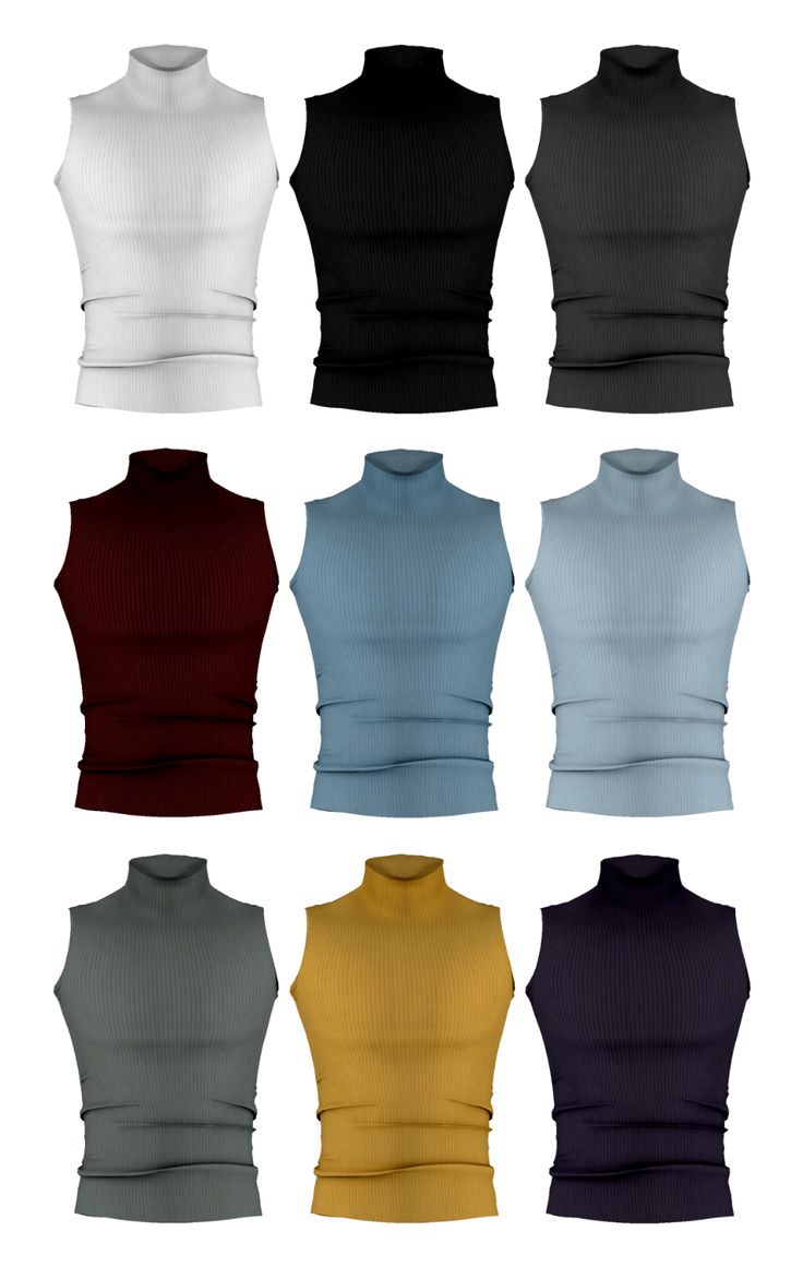 six different colors of vests on a white background