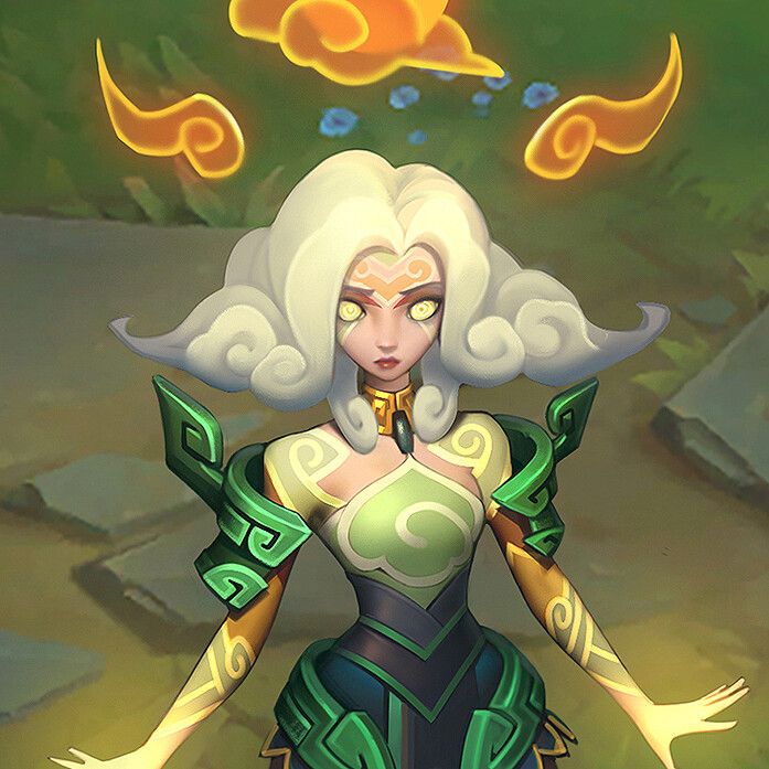 a woman with white hair and green eyes standing in front of an orange sun above her head