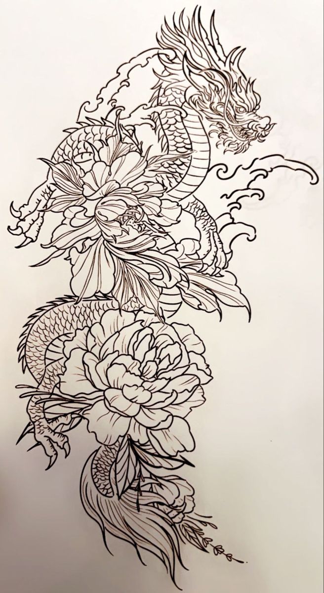 a line drawing of flowers and a dragon