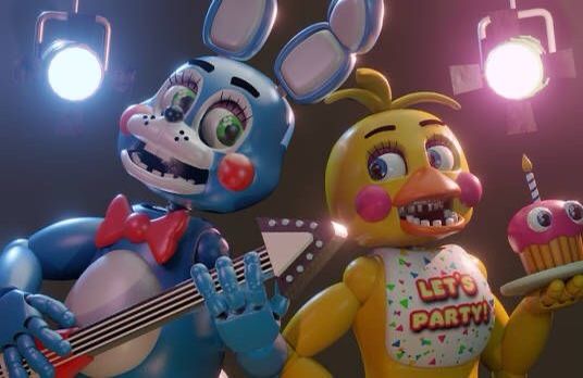 an animated character holding a cupcake next to another character with a guitar and microphone