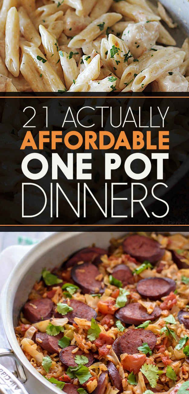 two pictures with different types of food and the words, 21 actually afordable one pot dinners