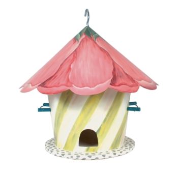 a bird house with a pink flower on the top and yellow stripes around it's roof