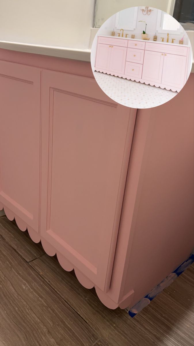 Pretty pink scallop trim budget friendly bathroom makeover. All you need is paint and dollar tree flowers! Pink Shiplap Bathroom, Kids Bathroom Vanity Ideas, Pink Guest Bathroom, Pink And Cream Bathroom, Pink Girls Bathroom, Scallop Cabinet, Scalloped Vanity, Double Vanity Kids Bathroom, Scallop Dresser