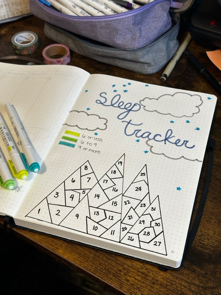 Bullet journal page of a mountain separated into different parts, numbered for the days of the month in May. At the top it says sleep tracker is a semi-cursive font. There are grey clouds and starts around the title and a key below it. Bullet Journal Camping Theme, Bullet Journal Tracking Ideas, Dream Tracker Bullet Journal, September Sleep Tracker, December Sleep Tracker, Bullet Journal Ideas Sleep Tracker, Sleep Tracker Ideas, Bullet Journal Sleep Tracker, Journal Sleep Tracker