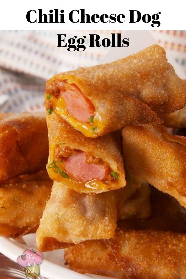 some fried food is stacked on top of each other in a white plate with the words chili cheese dog egg rolls