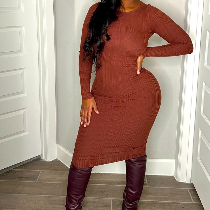 Brand New, Lots Of Stretch, Tags Attached Fitted Brown Midi Sweater Dress, Fitted Brown Midi Length Sweater Dress, Brown Knee-length Bodycon Winter Dress, Brown Knee-length Winter Bodycon Dress, Brown Long Sleeve Bodycon Midi Dress, Brown Bodycon Long Sleeve Midi Dress, Eden Dress, Bodycon Sweater, Bodycon Sweater Dress