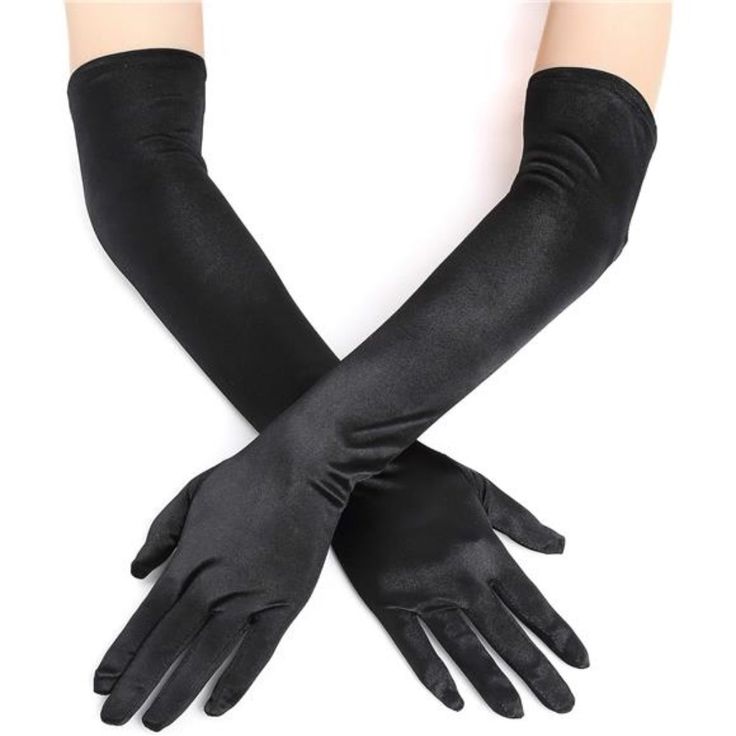 Easy To Match: Classic Satin Gloves For Women, Go Easily And Well With Vintage Style Accessories, Roaring 20s Dresses And Halloween Outfits. Material: High Quality Stretchy Satin Polyester. Glossy, Lightweight, Breathable And Comfortable. Size: Approximately 20.5" Long. Elastic, One Size Fits Most. Black Elbow Length Gloves, Elegant Black Gloves, Vampire Costume Accessories, Long Gloves Aesthetic, Black Silk Gloves, Black Gloves Aesthetic, Gloves With Rings, Witch Gloves, Black Leather Gloves Women