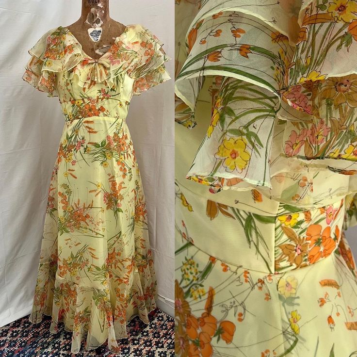 1970s yellow floral ruffle dream dress. Layers of ruffles at the collar and shoulder. Fitted bust and wide waistband. A-line skirt with ruffle hem. Fully lined. Center back zip with rosette detail. JC Penny fashions. No size. Measurements are firm- no stretch. Excellent condition. Washed and ready to wear. MEASUREMENTS(taken flat, double when appropriate) PTP 17 1/2 waist 13 1/2 hips 19 length 56 This is the perfect unique gift for a loved one, or yourself! Please be sure to email all questions Vintage Flowy Dress With Ruffle Hem, Yellow Retro Dress With Ruffles, Vintage Flowy Dress With Ruffles, Flowy Vintage Dress With Ruffles, Vintage Tiered Ruffled Dresses, Retro A-line Vintage Dress With Ruffles, Vintage A-line Dress With Ruffle Hem, Retro Vintage Dress With Ruffles For Garden Party, Retro Vintage Summer Dress With Ruffles