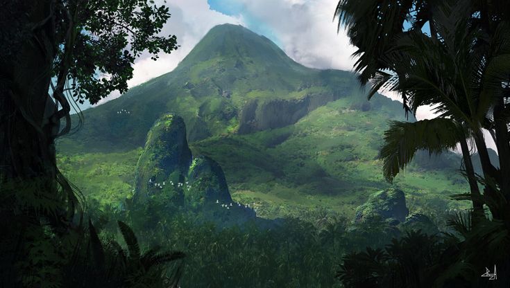 the jungle is full of lush green trees and mountains, with clouds in the sky