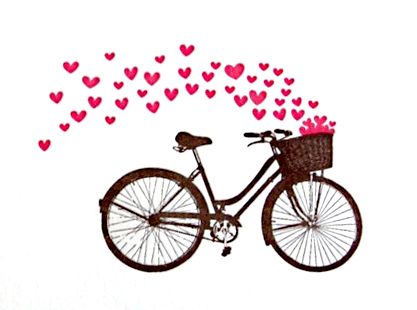 a bicycle with hearts flying out of it