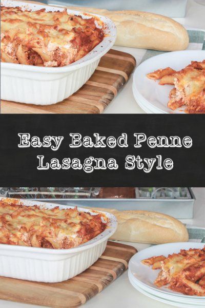 two pictures of lasagna style baked in baking pans with bread on the side