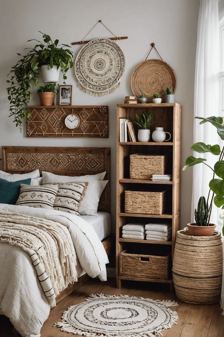 a bed room with a neatly made bed and some plants