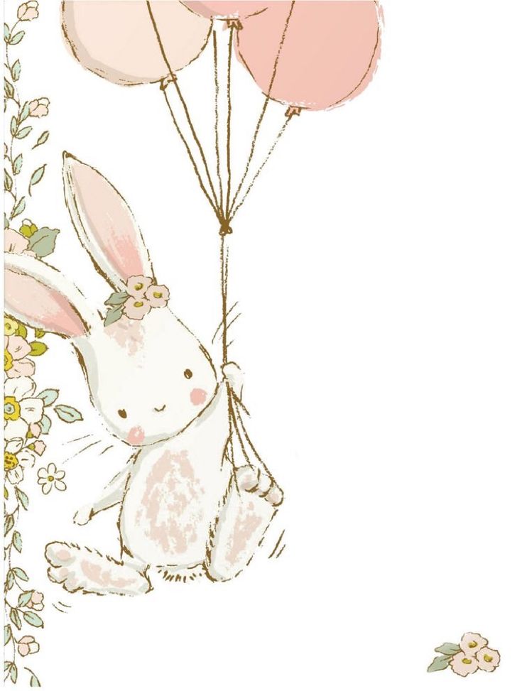 a rabbit holding onto some balloons with flowers on the bottom and one balloon in the air