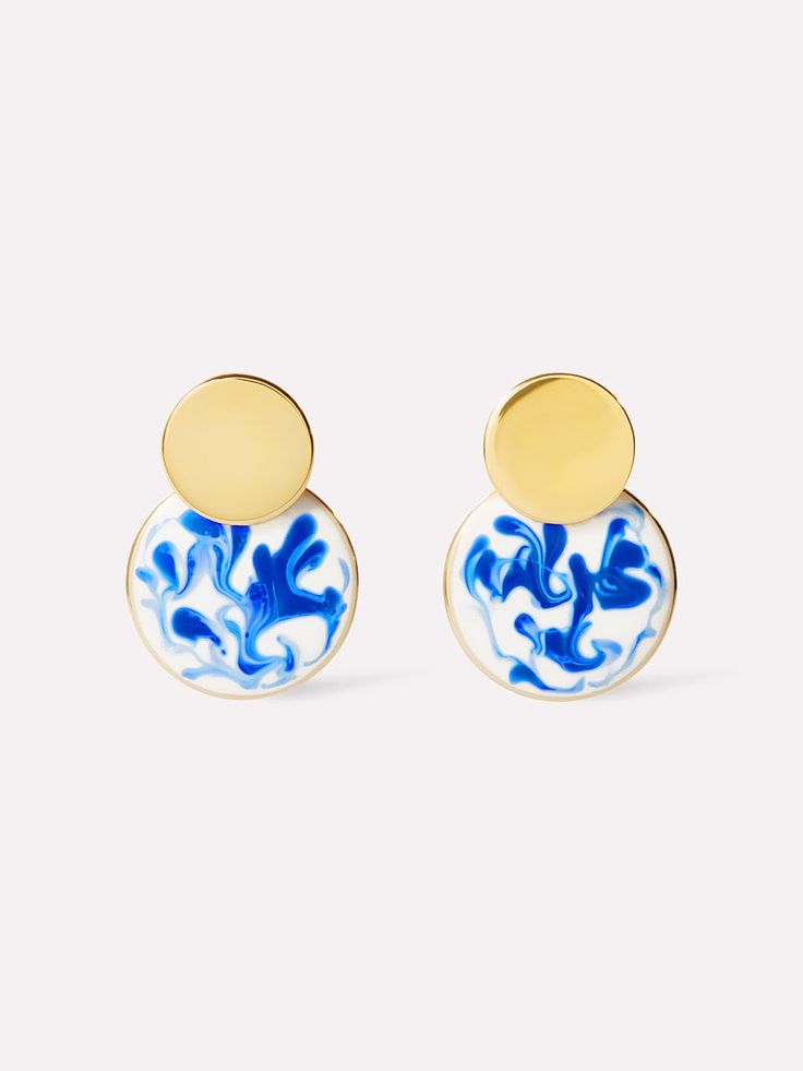 Enamel Earrings - Mini Kinoko Marble Blue Blue Artistic Design Drop Earrings, Artsy Blue Earrings With Artistic Design, Blue Enamel Earrings With Artistic Design, Artistic Blue Round Earrings, Artsy Blue Enamel Jewelry, Modern Hand Painted Drop Earrings, Artsy Enamel Drop Earrings, Hand Painted Blue Enamel Earrings, Artistic Hand-painted Blue Earrings