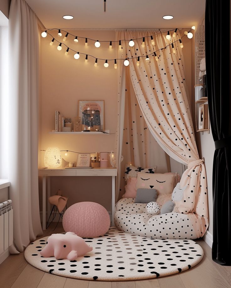 a child's bedroom decorated in pink and black with polka dots on the floor