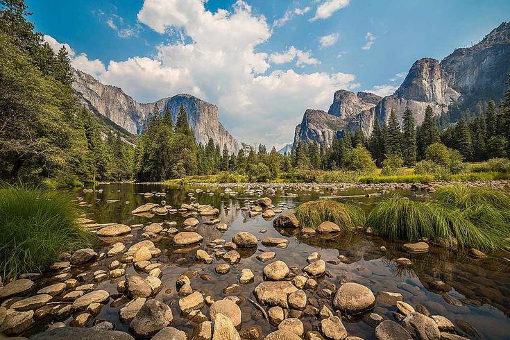 the rocky river is surrounded by mountains and trees