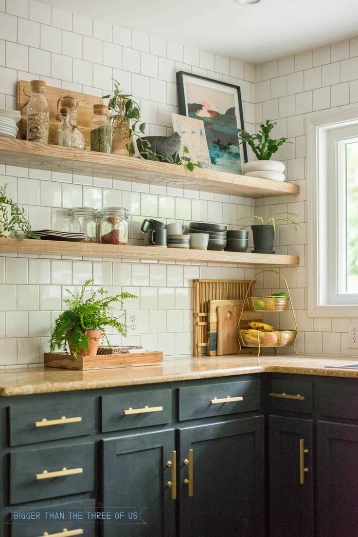 a kitchen with black cabinets and shelves filled with pots, pans, and plants