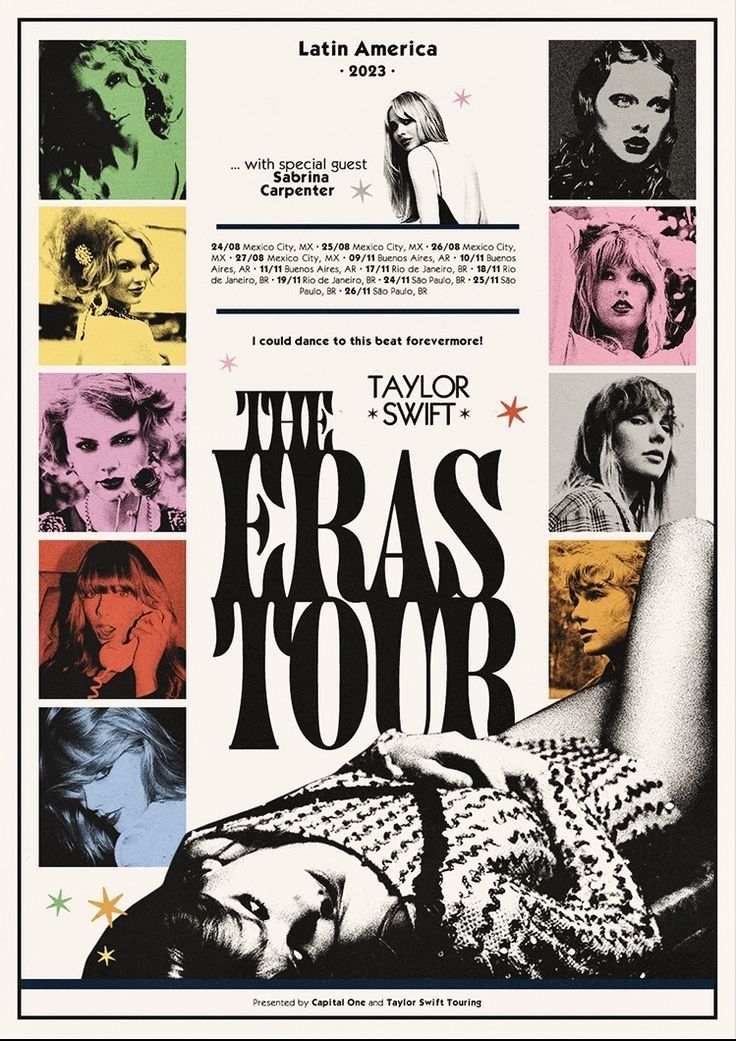 the eras tour poster with images of women in different colors and sizes, including one woman's face