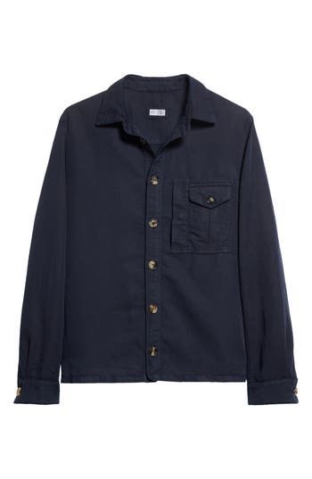 A soft, breathable blend of linen and cotton defines this Italian-crafted shirt-jacket fashioned with a handy patch pocket at the chest. 27 1/2" length; 45" chest (size 48 EU) Front button closure Spread collar Long sleeves with button cuffs Chest patch pocket 54% linen, 46% cotton Machine wash, line dry Made in Italy Men's Designer Clothing Classic Navy Shirt With Pockets, Classic Linen Outerwear With Buttoned Pockets, Classic Linen Outerwear With Spread Collar, Classic Shirt With Lapel Collar And Patch Pockets, Navy Collared Outerwear With Buttoned Pockets, Casual Linen Outerwear With Spread Collar, Navy Button-up Utility Jacket With Pockets, Navy Cotton Outerwear With Buttoned Pockets, Classic Utility Jacket With Spread Collar And Patch Pockets