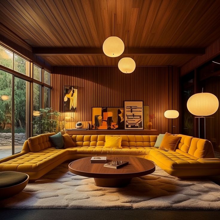 a living room filled with yellow couches and round tables next to large glass windows