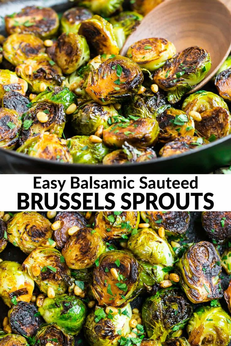 brussel sprouts in a skillet with a wooden spoon on top