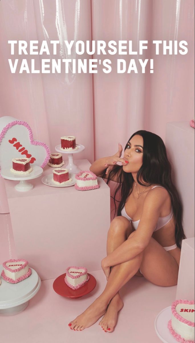 a woman sitting in front of a table with cakes on it and the words treat yourself this valentine's day