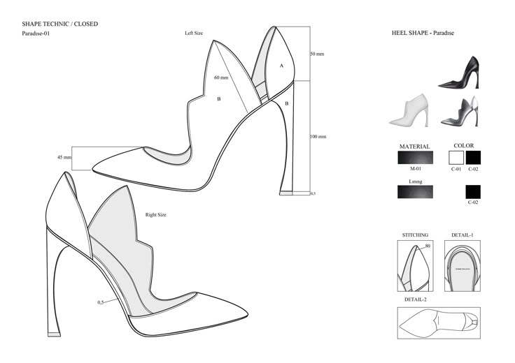 an image of women's high heeled shoes with measurements and technical drawing instructions