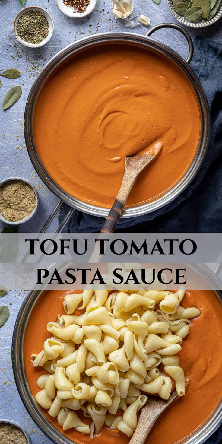 two pans filled with tomato sauce and pasta