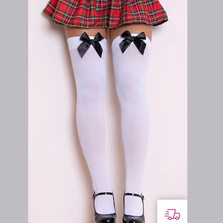 New The Over Knee White Stockings Have A Satin Black Bow Detail At The Front. They Are 100% Nylon And Hand Washable. A Classic White And Black Combination To Suit Lots Of Fancy Dress Great Looks So Your Legs Look As Good As The Rest Of You! White Thigh High Hosiery, White Over-the-knee Winter Stockings, White Knee-high School Socks, Trendy White Knee-high Socks For School, Trendy White Knee-high School Socks, White Thigh-high Winter Hosiery, White Stretch Thigh High Stockings, White Thigh High Stretch Socks, White Thigh-high Hosiery For Winter