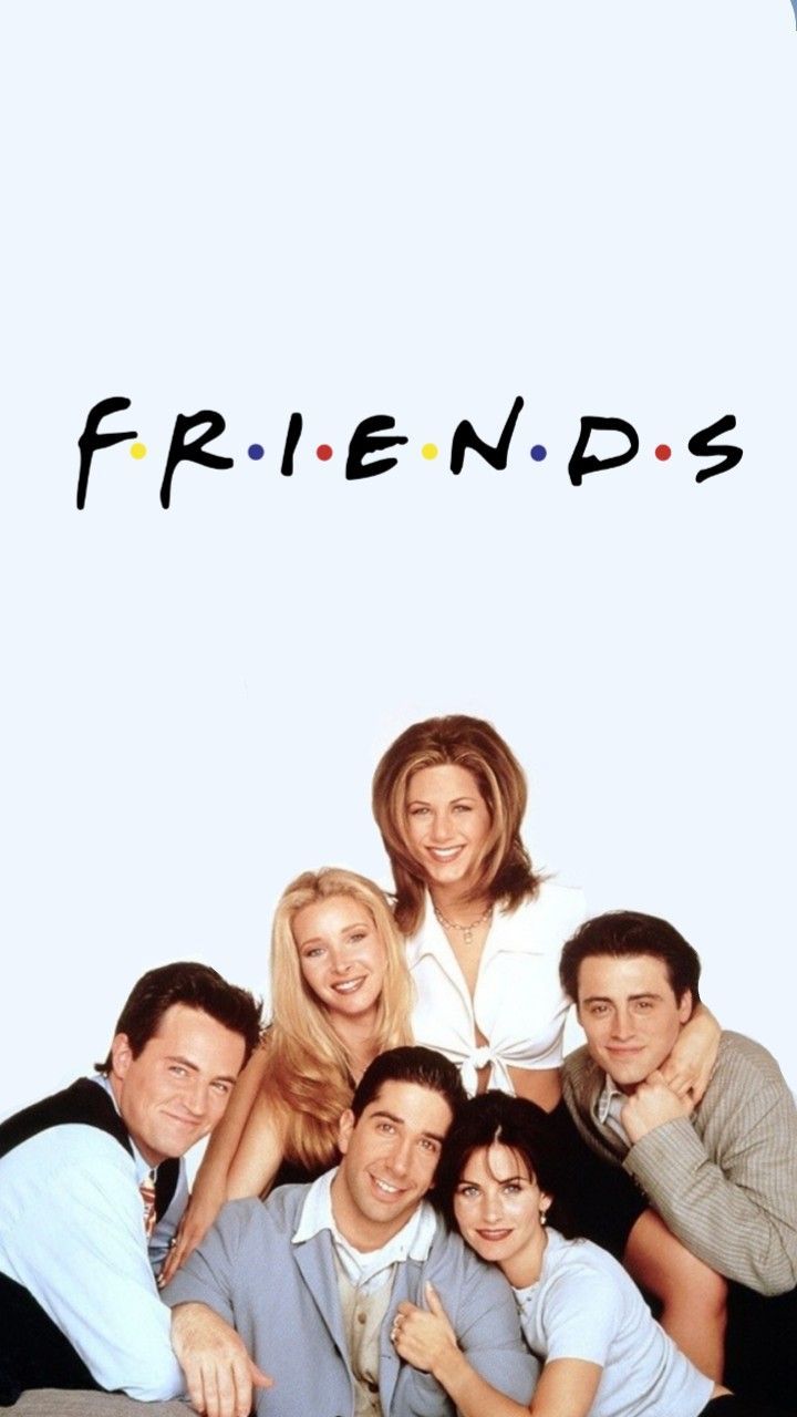 friends tv show poster with the cast posing for a group photo in front of a white background